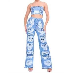 NEW HER BOTTARI denim illusion pant set in light blue